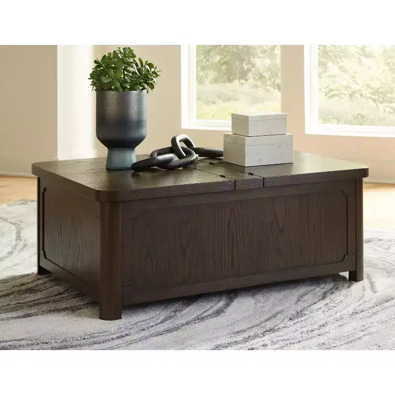 Dark Brown Hardwood Lift Top Coffee Table with Hidden Storage Trunk