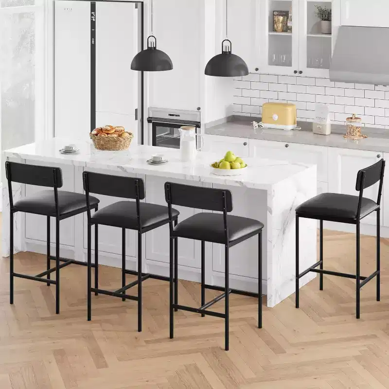 Bar Stools Set of , Upholstered Barstools with Metal Legs, Footrest & Backrest, PU Seat, Kitchen Height Chairs