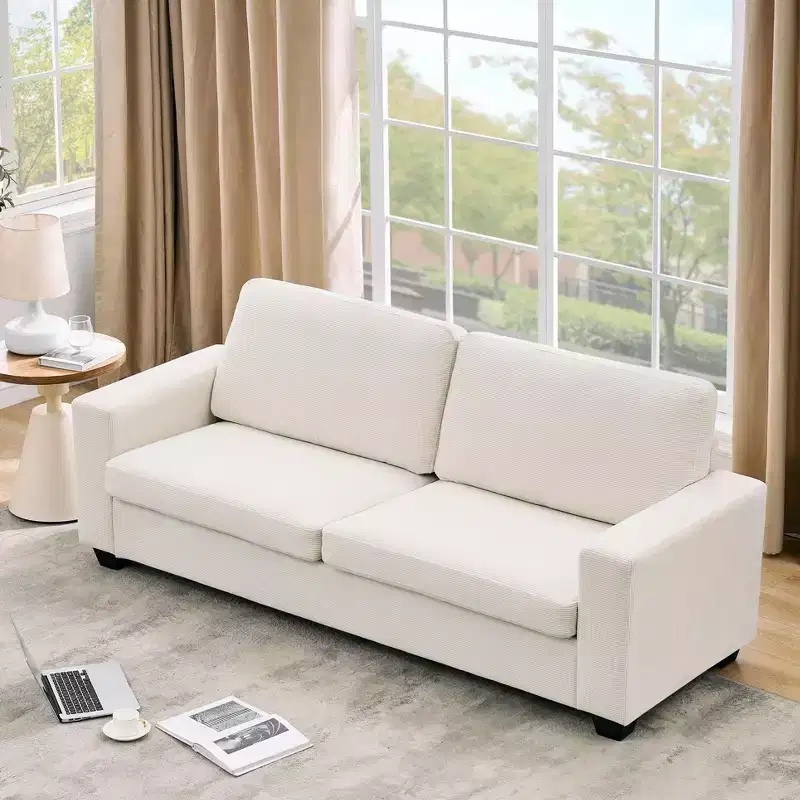 84 Corduroy Couch with Deep Seat, 3-Seater Couches, Modern Upholstered Sofa with Wide Armrests for Living Room, Beige