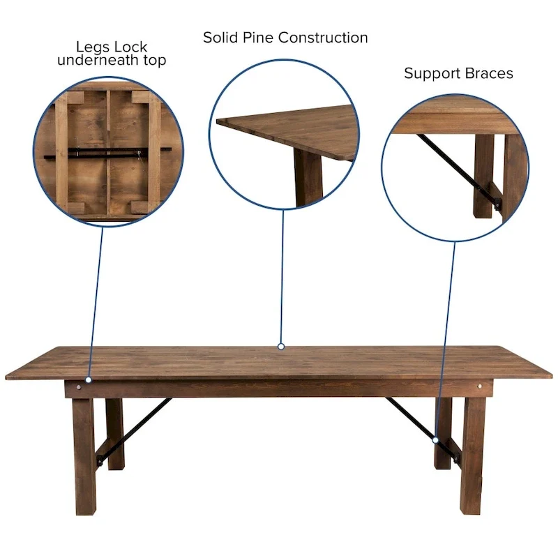 9' x 40 Rustic Folding Farm Table Set with 10 Cross Back Chairs and Cushions