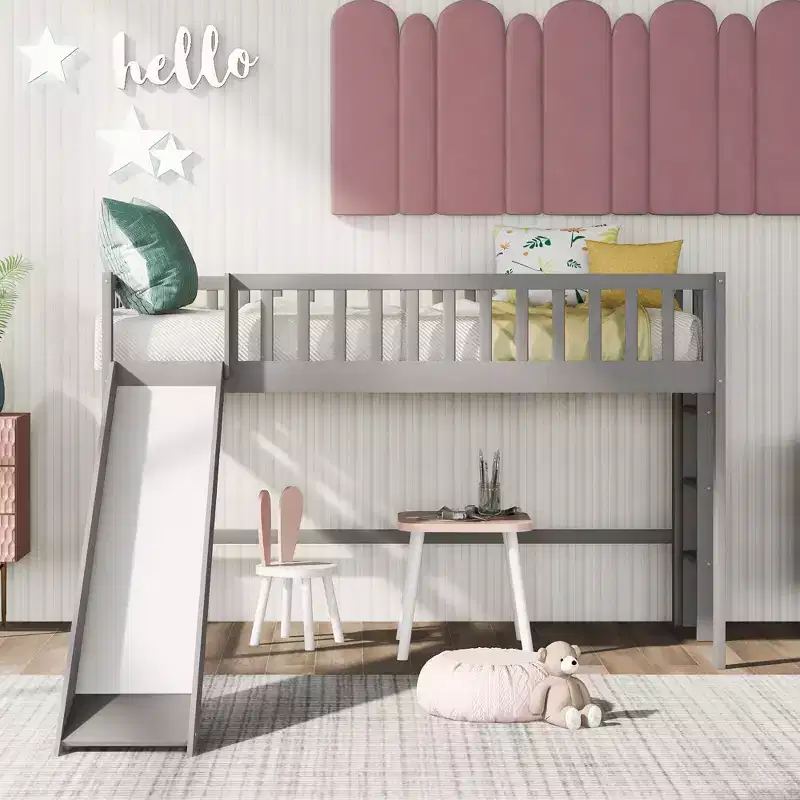 Full/Twin Size Low Loft Bed with Ladder and Slide, Wooden Bed Frame, No Box Spring Needed - HABITRIO