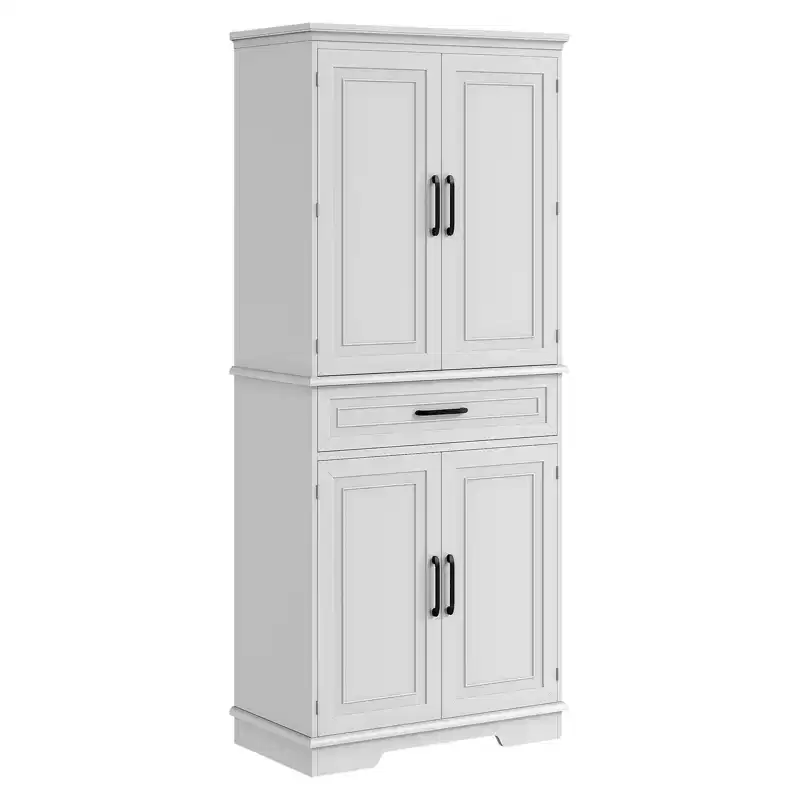 Multi-Room Storage Solution: 72 Tall White Pantry Cabinet w/ Drawer, Adjustable Shelves & Door Racks for Kitchen, Bathroom or Dining Room