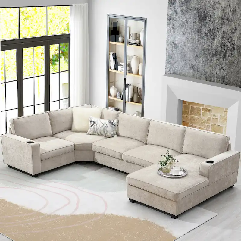 U Shaped Sectional Sofa, Chenille Corner Couch with Cup Holders