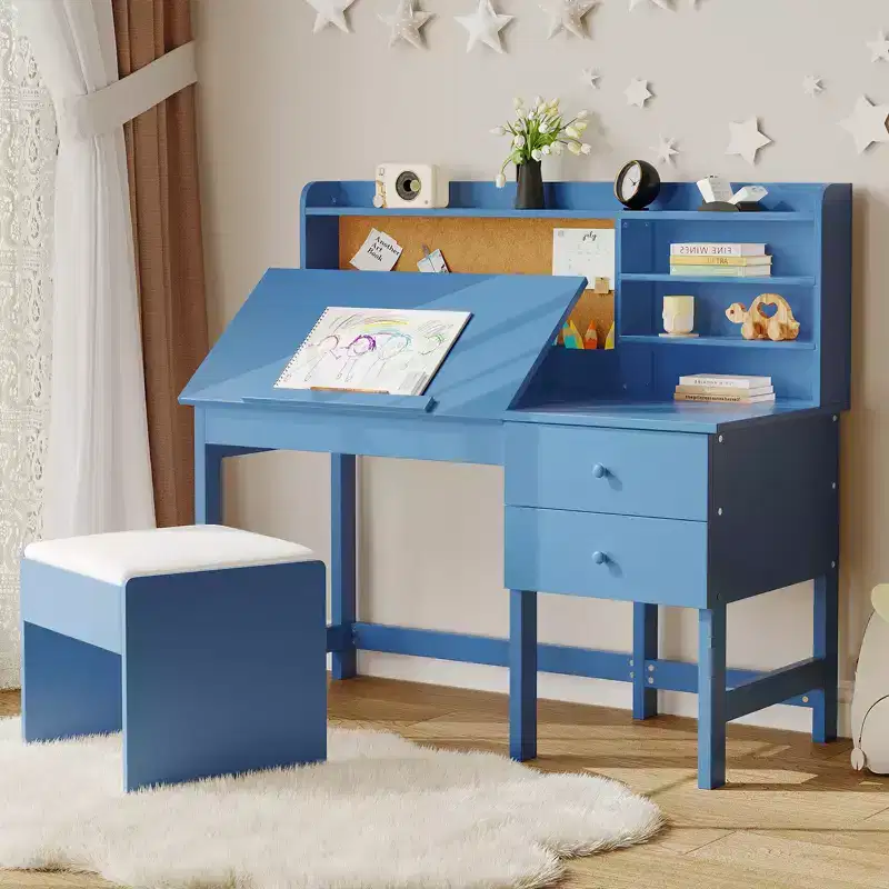 Kids Desk and Chair Set, Wooden Study Table with Adjustable Tilt Desktop, Drawers & Cork Board - Children School Learning Desk Set for Kids Ages 3-8