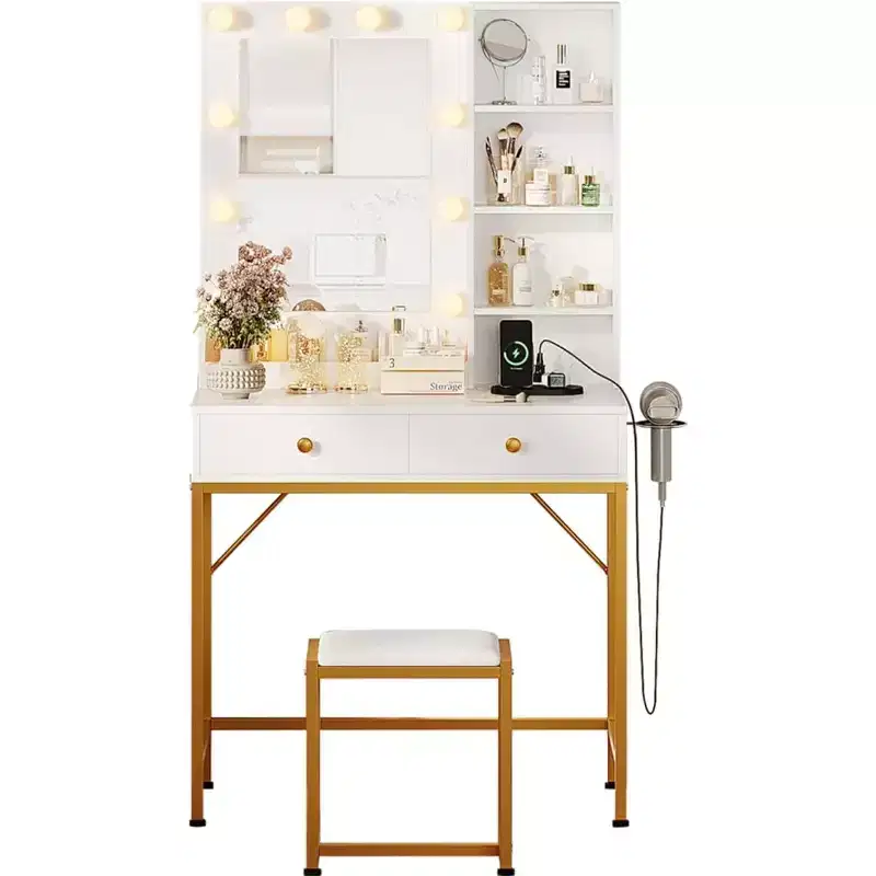 Small Makeup Vanity Desk with Mirror & Lights - 2 Drawers, Stool, Power Outlet & Open Shelves, Compact Vanity Table for Bedroom