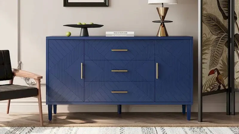 2-Door 3-Drawer Buffet Sideboard Cabinet with Carved Surface, 55 Inch