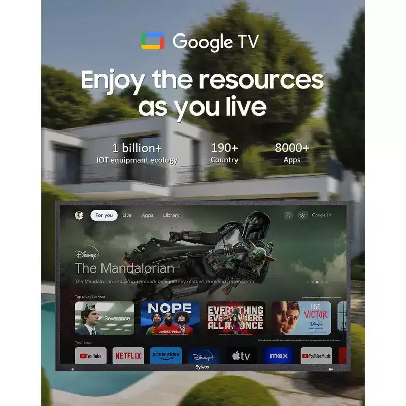 SYLVOX Smart Outdoor TV, 43 4K 2000 Nits QLED Google TV, IP55 Waterproof TV with Dolby Atmos, All Weatherproof TV for Full Sun (Pool Pro QLED 2.0)