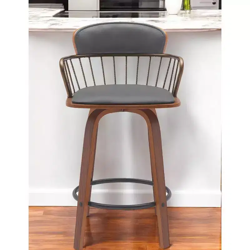 26 Gray And Wood Brown Faux Leather Swivel Low Back Counter Height Bar Chair