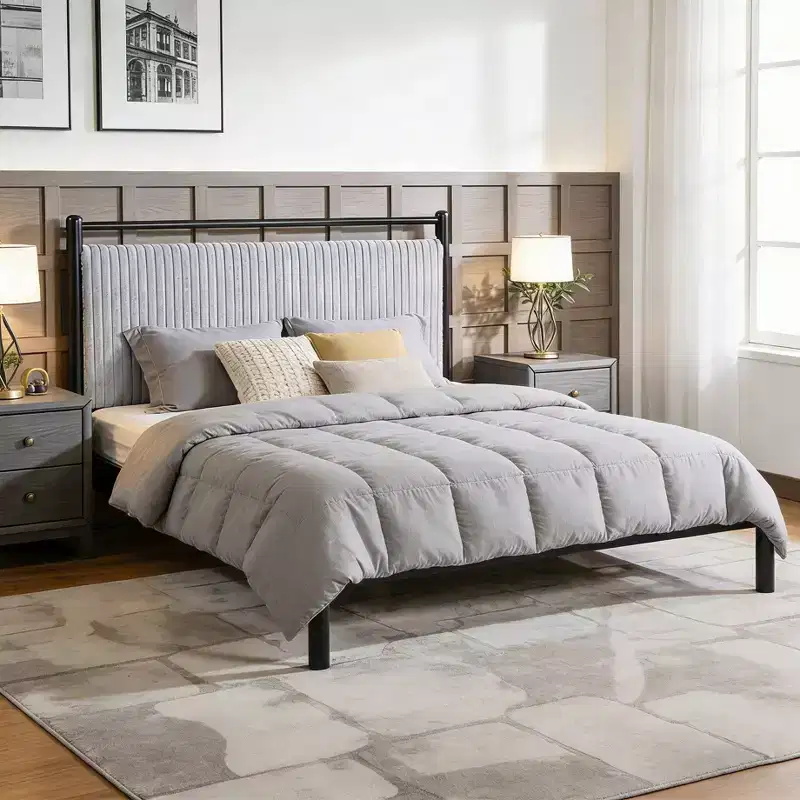 Christopher Knight Home Mircea Modern Rubberwood Platform Bed Frame with Light Grey Fluffy Headboard