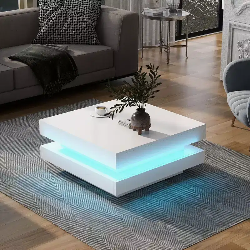 High Gloss Minimalist Design Coffee Table with LED Lights, 2-Tier Square, 31.5x31.5x14.2', White