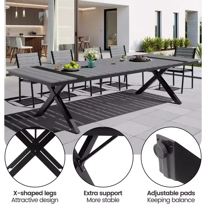 Crestlive Products Patio Outdoor Dining Set Stable X Legs with Armchairs Wooden-Like TableTop & Aluminum Frame & Umbrella Hole