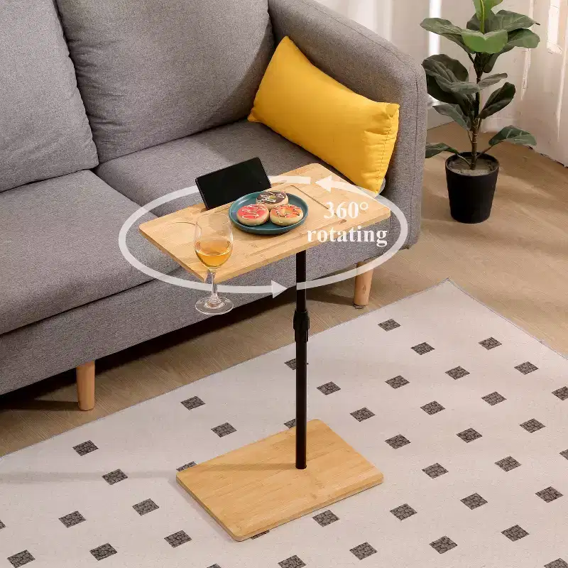 Bamboo Height Adjustable C-Shape Side Table, 2-Tier Rectangle Sofa Tray Table with Phone Slot Wine Glass Holder