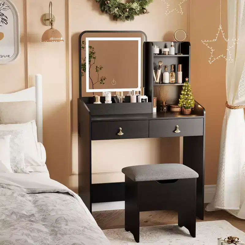 Vanity Desk with LED Light Mirror and Charging Station, Makeup Vanity with 2 Drawers and Storage Stool