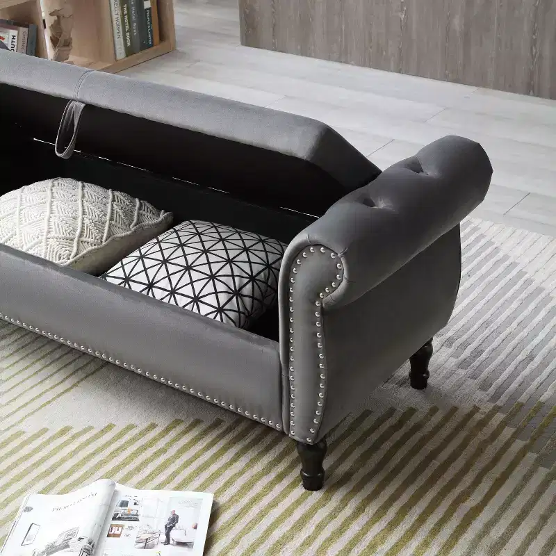 Velvet Storage Bench with Buttons Tufted and Nailhead Decoration, Storage Ottoman with Wood Legs and 1 Pillow, End Of Bed Storage Bench
