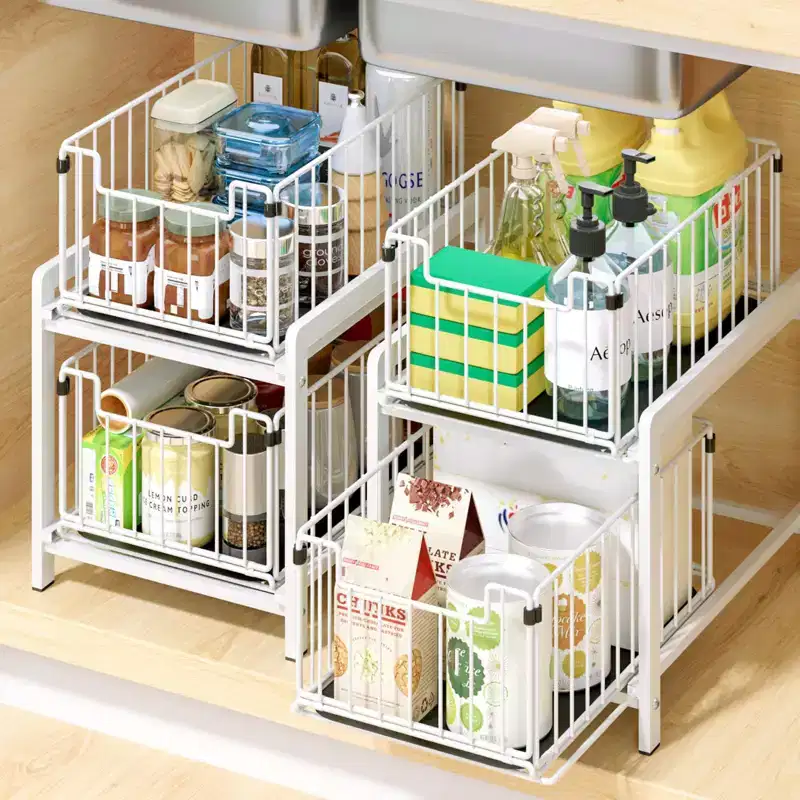 Cabinet Organizer, Pull-Out Drawer - 2-Tier Sliding Stackable Storage Shelf for Kitchen, Bathroom, White