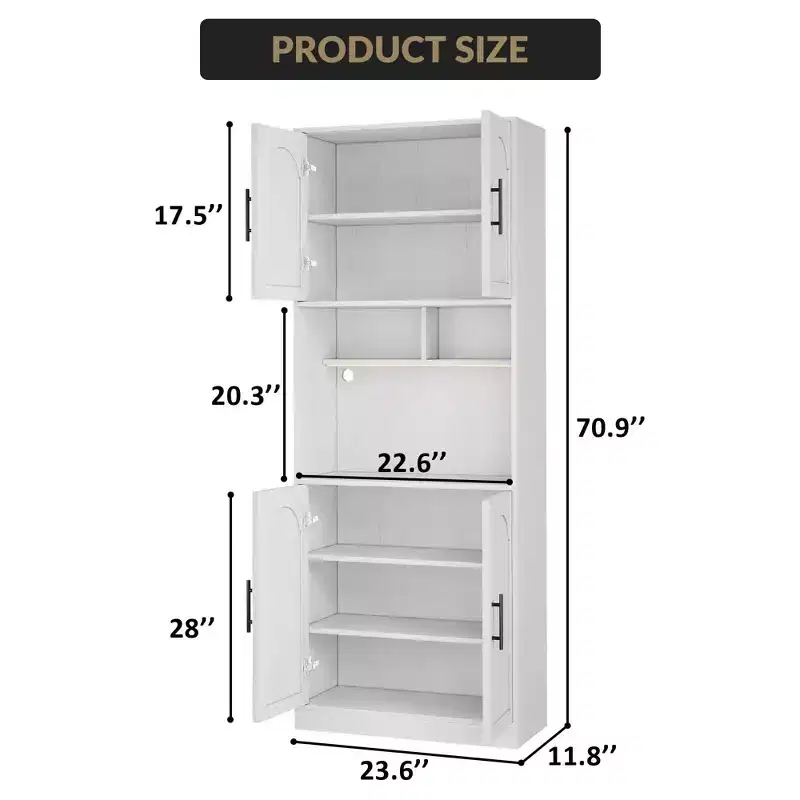 White Tall Kitchen Pantry Cabinet with RGB Light, 4 Doors & Open Shelves