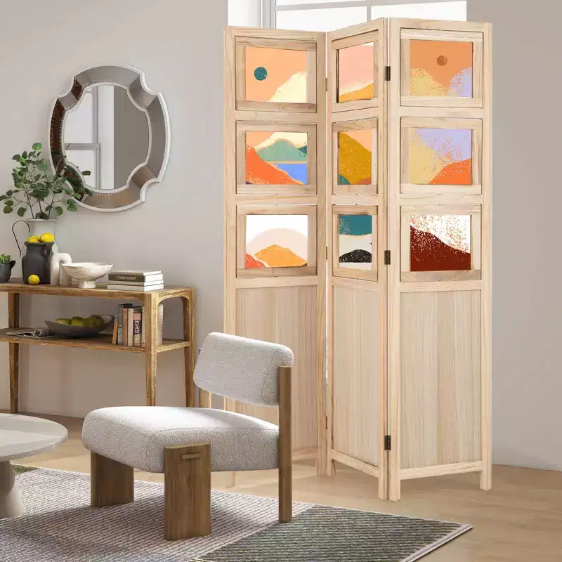 Costway 67 3 Panel Room Divider with Paulownia Wood Photo Frames Metal Hinges for Home Natural/White