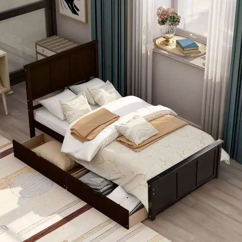 Twin Size Wood Platform Storage Bed with Trundle Bed/ Two Drawers-ModernLuxe