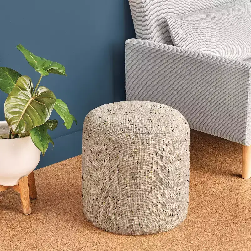 Round Speckled Pouf Ottoman, Recycled Polyester & Cotton, Polystyrene Fill, Beige, 16