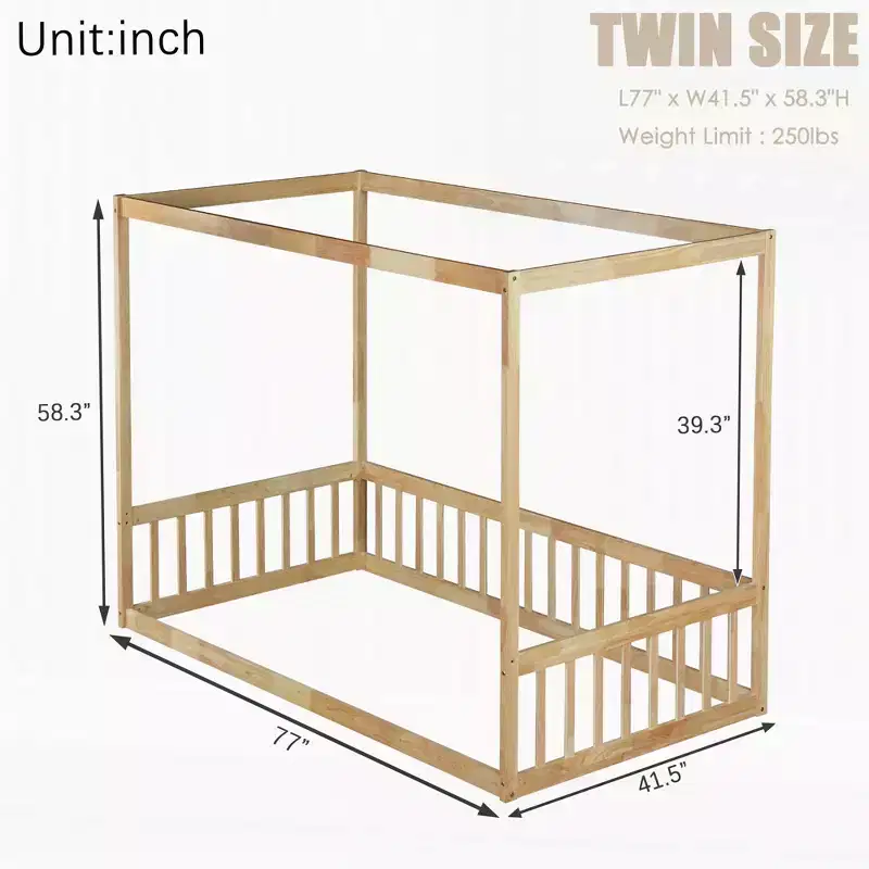 Bellemave Twin Size Canopy Frame Floor Bed with Fence and Guardrails