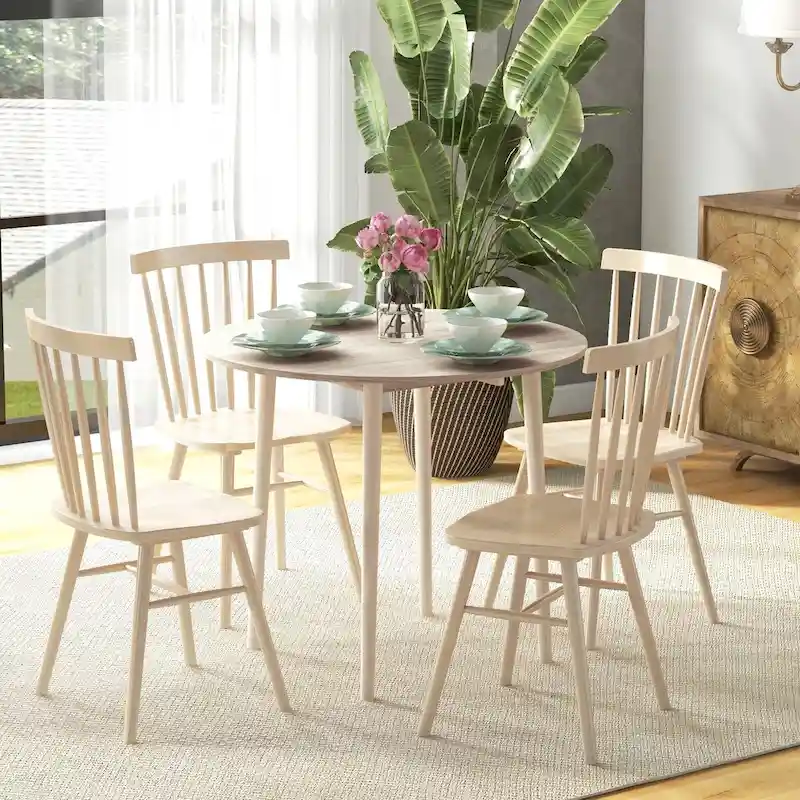35in Round Folding Dining Table, Collapsible Drop Leaf, Solid Wood Legs, Space-Saving Small Kitchen