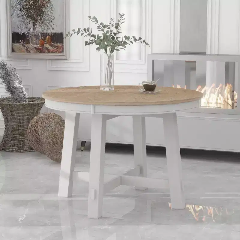 Farmhouse Round Extendable Dining Table with 16 Leaf Wood Kitchen Table - ModernLuxe