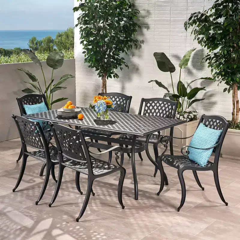 Christopher Knight Home Bonneville Outdoor Cast Aluminum 7 Piece Dining Set with Umbrella Hole, Antique Matte Black