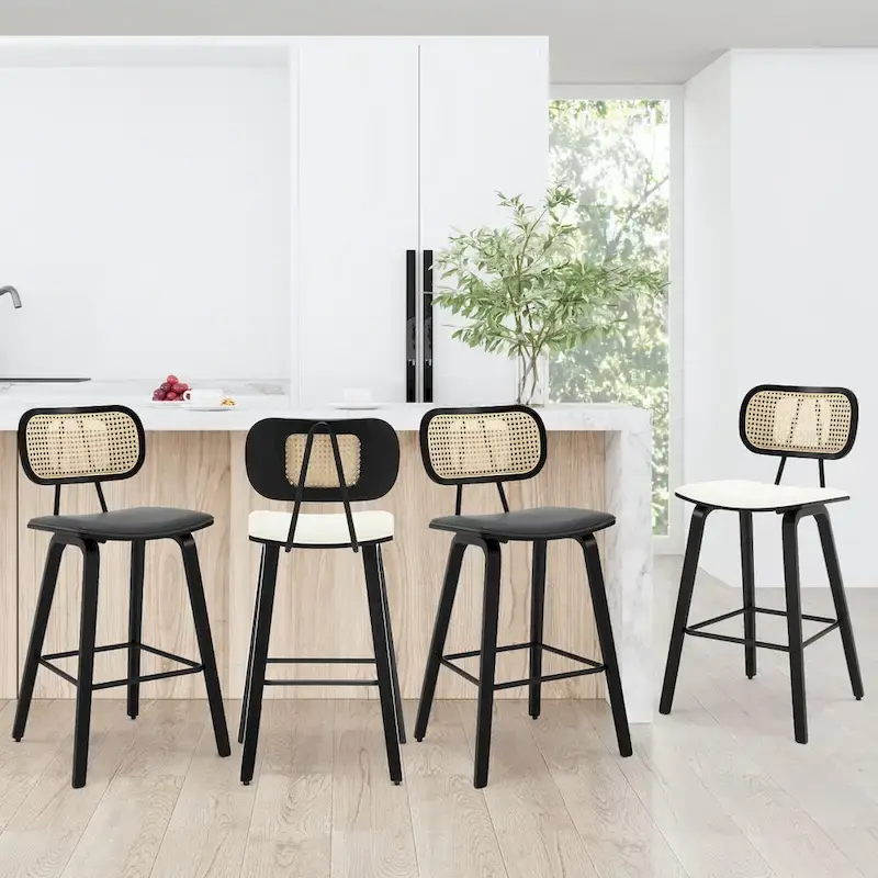 26-inch Wood Counter Height Bar Stools with Rattan Back
