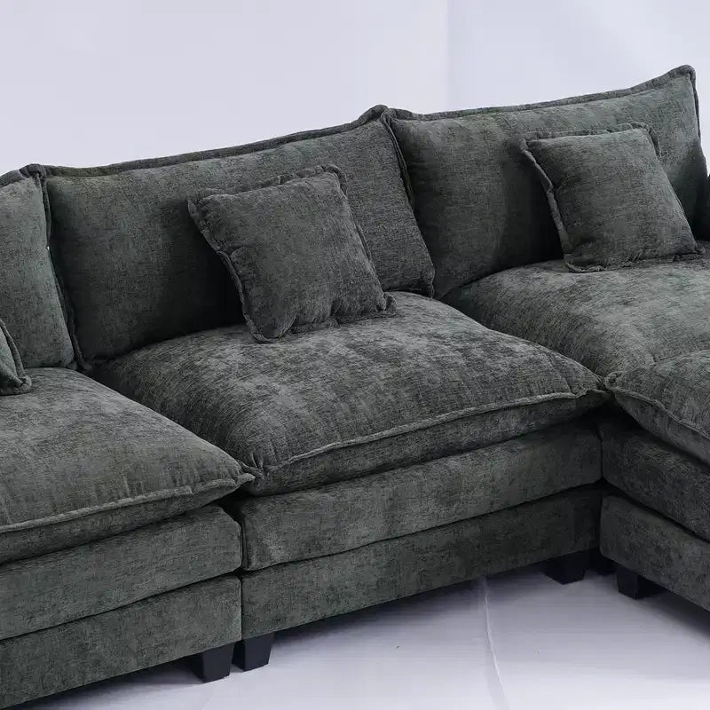 Chenille 3-Seat Sectional Sofa  Modular Deep Seat Sleeper Couch with Ottoman & Side Pocket