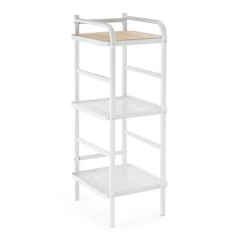 3-Tier Freestanding Storage Organizer with Bamboo Accent and Steel Frame, Vertical Space-Saving Shelf, White