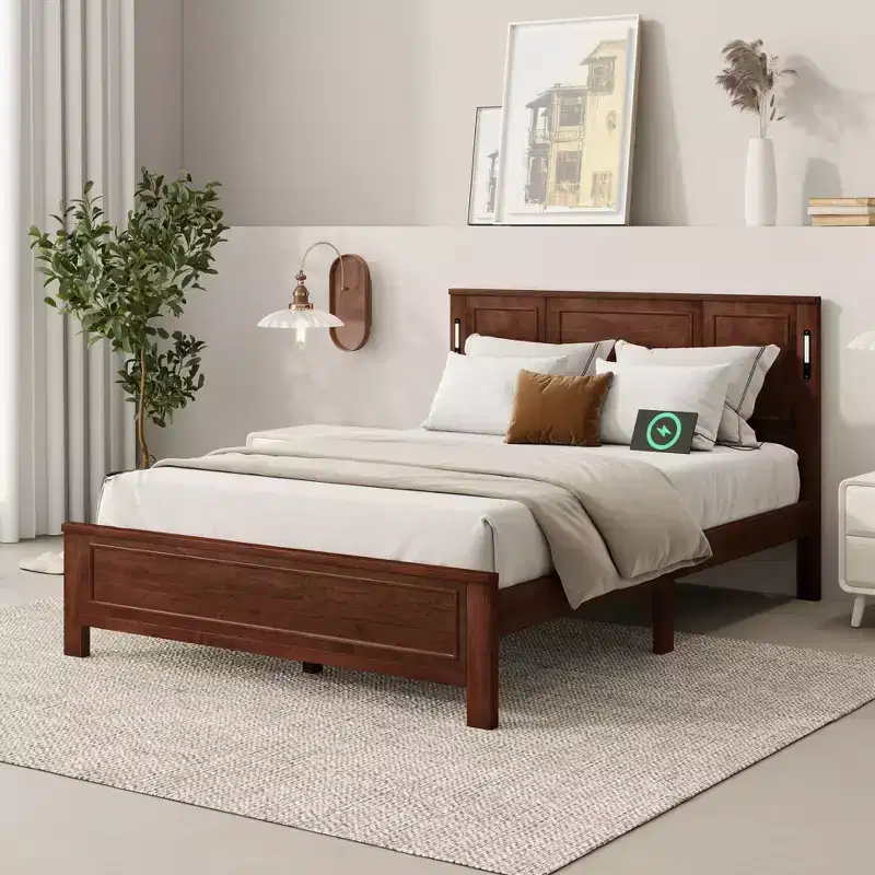 ModernLuxe Queen/King Size Platform Bed with Tall Headboard, Farmhouse Wood Bed Frame with LED Lights & USB Ports