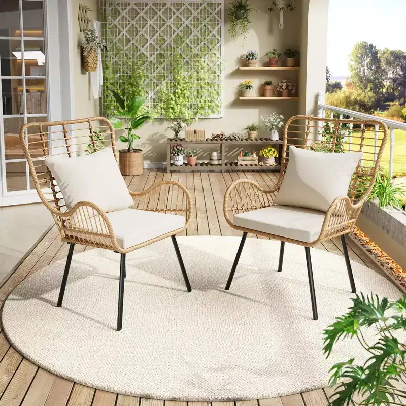 Patio Wicker Chairs Set of 2 - Outdoor/Indoor Boho Rattan Chair with Thick Cushions & Pillows, 330lb Weight Capacity, All Weather Wicker Rattan Chairs