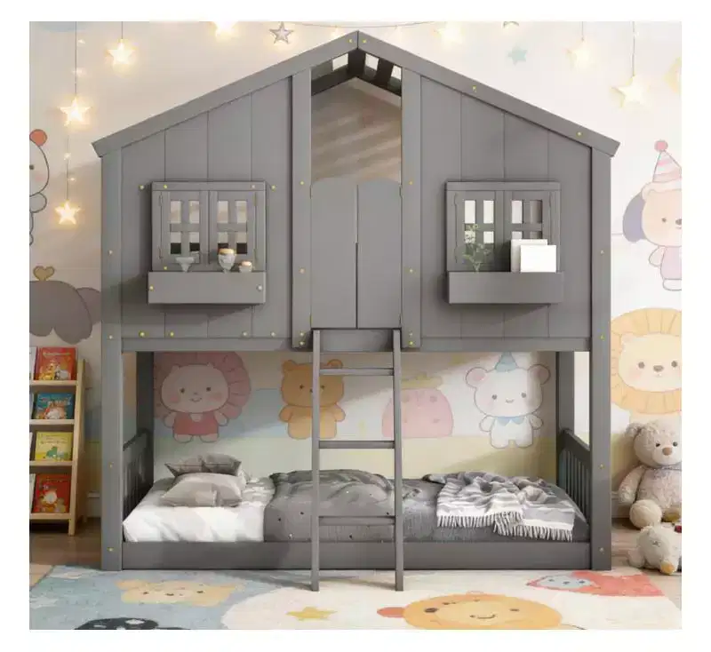 Bellemave Twin over Twin House Bunk Bed for Kids with RoofSafety Guardrails and LadderPine Bunk Bed with Window and DoorEasy Assembly