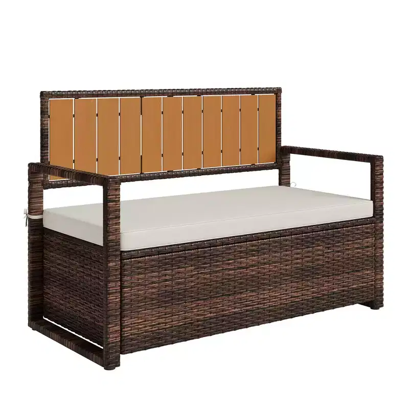 2-Person Outdoor Storage Bench with Cushion, Waterproof PE Rattan Deck Box with Backrest & Armrests, Metal Frame