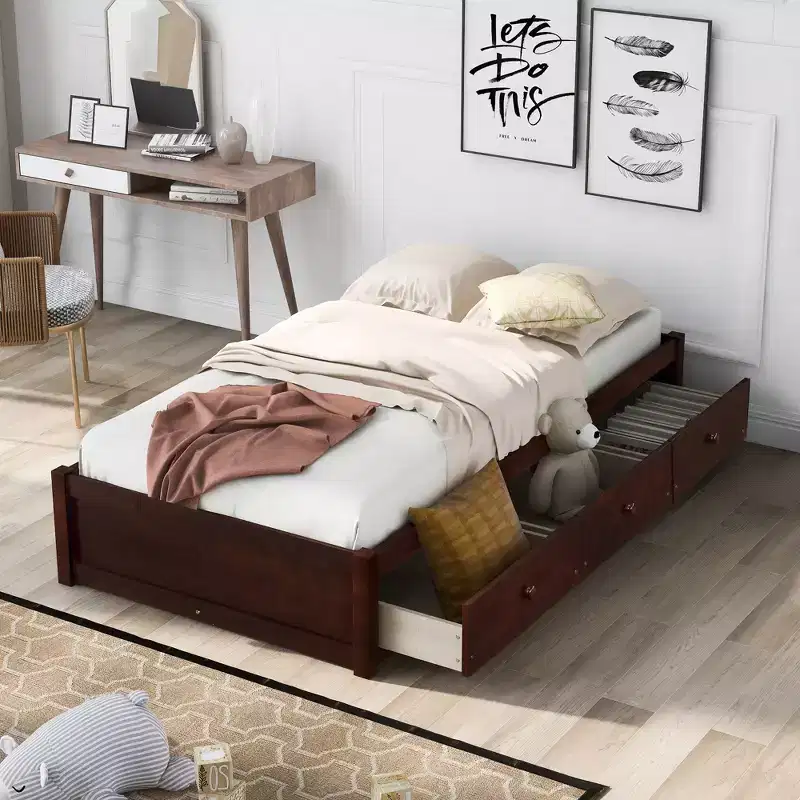 Twin Size Platform Bed with 3 Storage Drawers, Solid Pine Wood