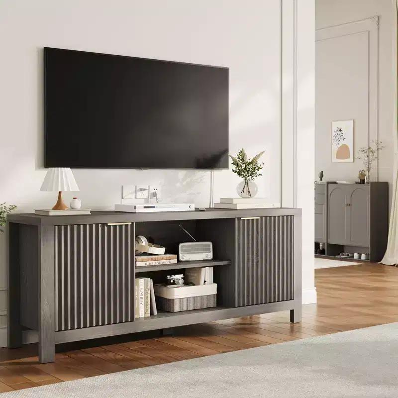 Tv Stand for 65 Inch Tv, Heavy-Duty Entertainment Center with 2 Cabinets & Open Shelves, Media TV Console Table, Wooden Tv & Media Console Cabinet