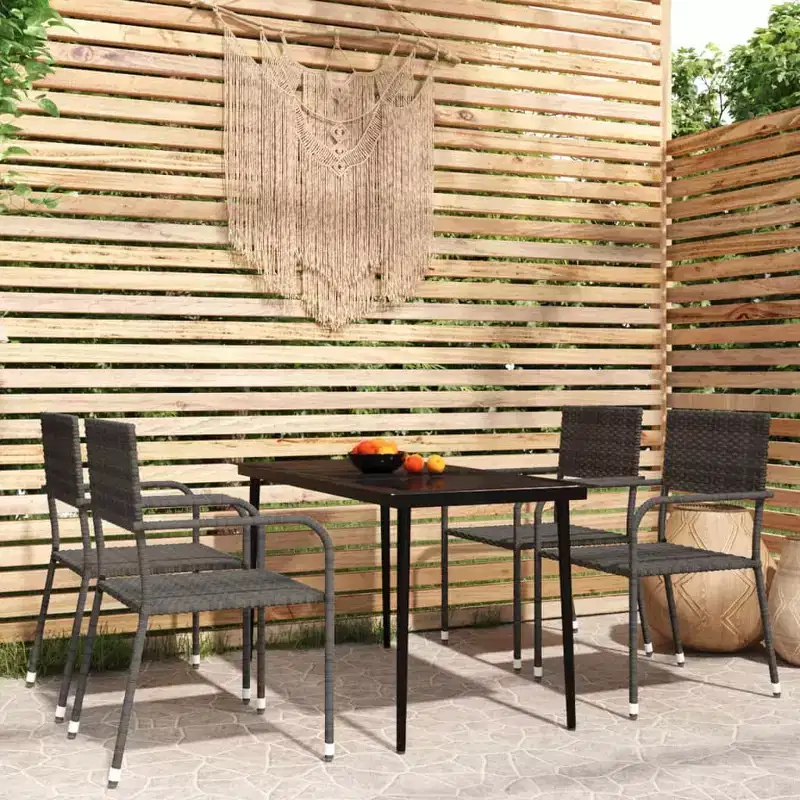 vidaXL Garden Dining Set Black PE Rattan, Powder-Coated Steel, Glass - Gray - 55.1 Table Length - 4 Items