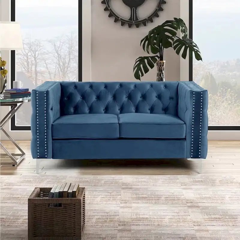 Morden Fort Modern 2 Pieces of Loveseat and Sofa Couch Set with Dutch Velvet Beige, Iron Legs