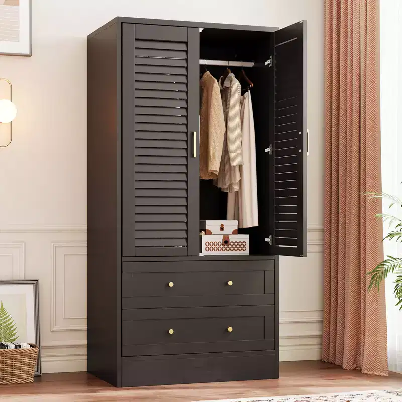 65 Louvered Wardrobe Armoire, Durable Wooden Closet with Drawers & Hanging Rod, MultiUse for Laundry Room & Entrance Hall
