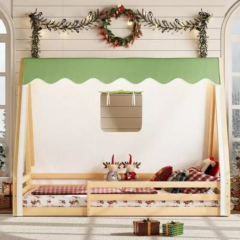 GDFStudio Mera House Like Floor Bed with Tent, LED Lights and Full-length Guardrails