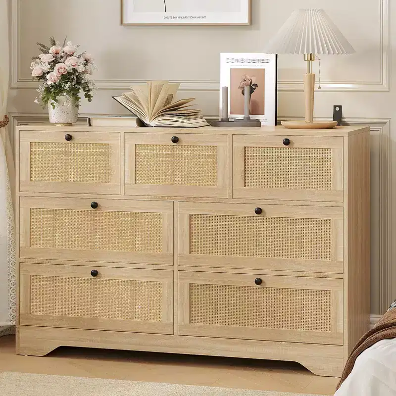 Rattan 7 Drawer Dresser for Bedroom, Farmhouse Modern Dressers & Chests of Drawers, Wooden Storage Organizer for Closet, Living Room, Entryway