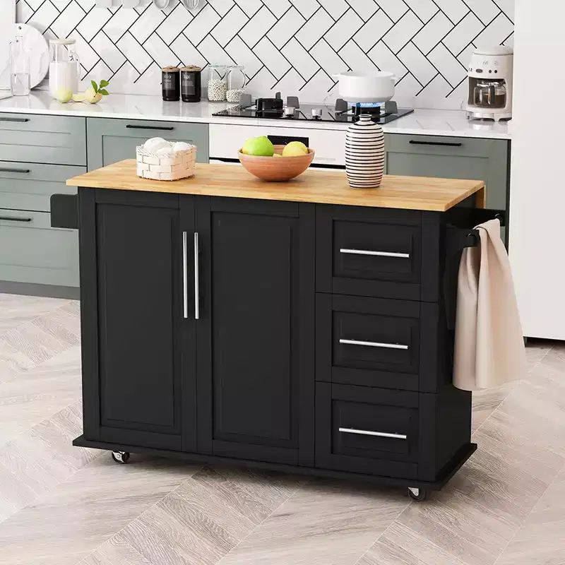 Kitchen Island on Wheels, Kitchen Island Cart w/Lockable Casters, 3 Large Drawers, 2-Door Cabinet, Towel Handle, Adjustable Shelves & Spacious Top