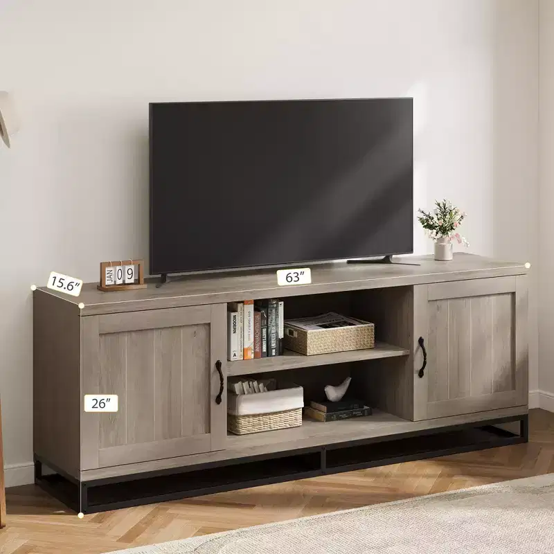 COZONY 63 Mid Century Modern TV Stand for 80 TVs, Media Console with Push-Open Cabinets, Open Shelves