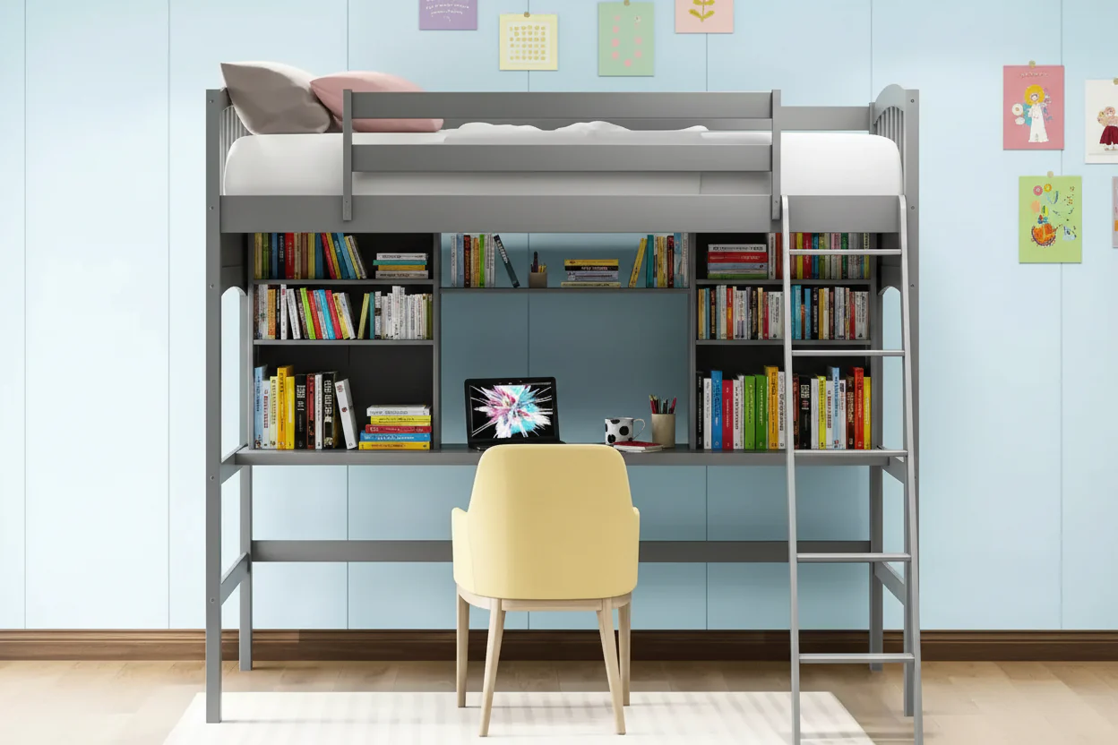 Modern Twin Loft Bed with Desk, Storage Shelves and Adjustable Ladder