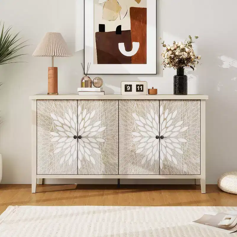 Modern Accent Cabinet with 4 Carved-Door Compartments – 31.69