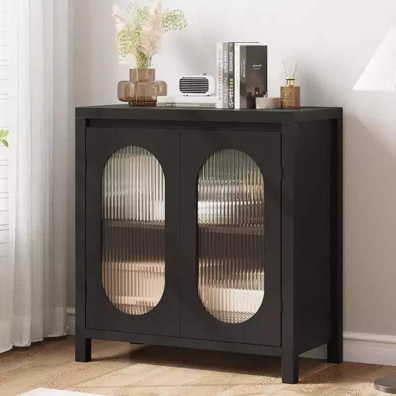Sideboard Cabinet for Living Room & Dining Room - Black Accent Storage with Adjustable Shelves & Glass Doors, Small Console Cabinet