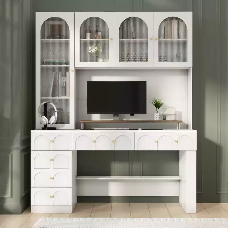 Hitow 63 White Desk with Hutch & Storage  Arched Reeded Glass Doors, Anti-Tip Safety for Home Office