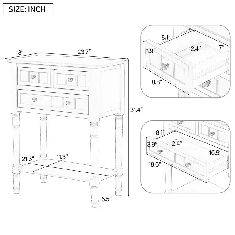 Narrow Console Table, Slim Sofa Table with Three Storage Drawers and Bottom Shelf,Beige