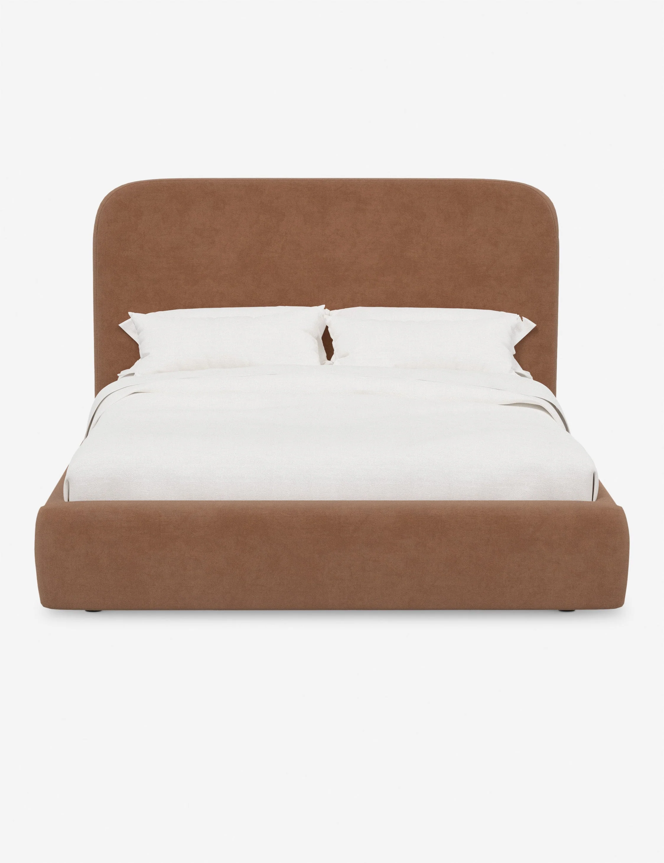 Tall Platform Bed - A streamlined design and rounded headboard bring soft appeal to this upholstered bed frame