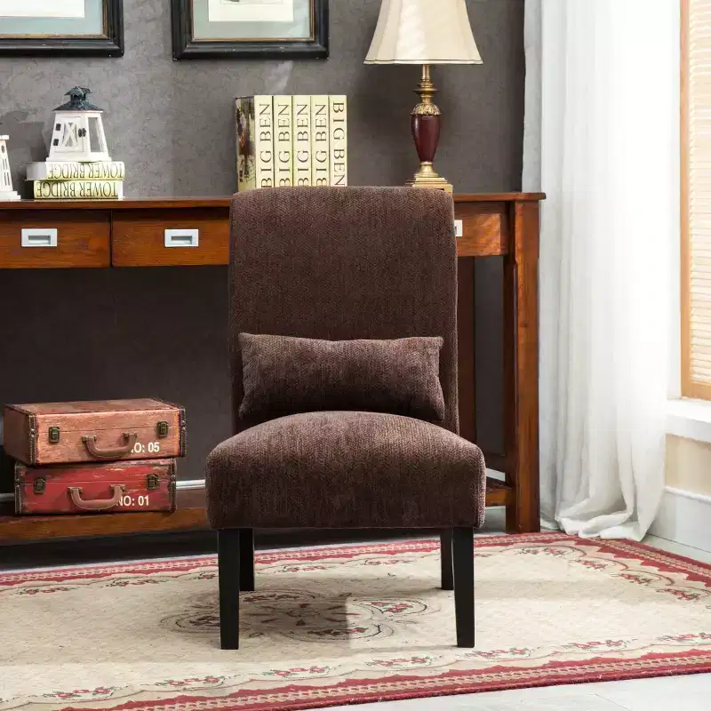 Modern Chenille Fabric Armless Accent Chair with Pillow, Solid Wood Legs, Deep Seat Side Chair for Living Room, Bedroom, or Office-Panipeachy